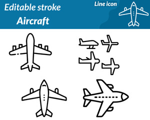 A sleek aircraft set line icon. Character featuring a modern airplane silhouette with streamlined wings tail fins and a pointed nose.Flight travel and aviation technology. The design uses clean lines.