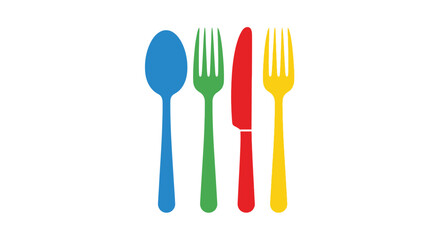 Colorful flatware a blue spoon a green fork a red knife and a yellow fork