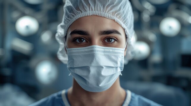 A determined surgeon, mask protecting, faces the operating room lights with focused eyes.