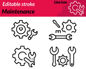 A clear and practical maintenance set line icon. character featuring a wrench crossed with a screwdriver in front of a gear. symbolizing repair servicing and technical support Clean bold lines. 