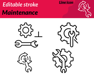 A clear and practical maintenance set line icon. character featuring a wrench crossed with a screwdriver in front of a gear. symbolizing repair servicing and technical support Clean bold lines. 