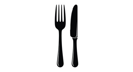 Simple black and white illustration of a fork and knife on a white background