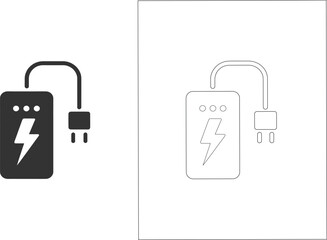 Power Bank Charging Icon – Minimalist Portable Charger Symbol with Plug and Lightning Bolt in Black and White – Flat Vector Design