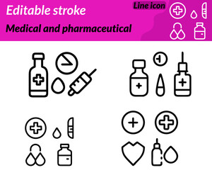 A modern medical and pharmaceutical icon character featuring a cross symbol.A pill capsule and a medicine bottle arranged together to represent healthcare treatment and medication.Clean professional. 