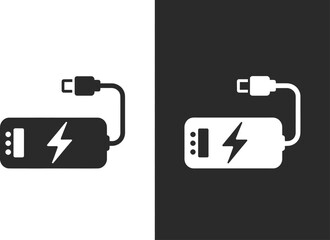 USB-C Power Bank Icon – Minimalist Portable Charger Symbol with Lightning Bolt and Cable in Black and White – Flat Vector Design