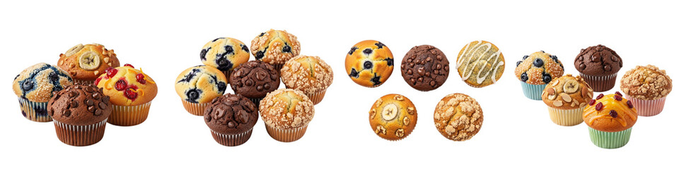 Set of assorted cupcakes on transparent background for desserts and bakery illustration