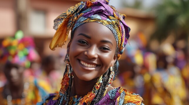 The vibrant celebration showcases a woman adorned in colorful traditional attire, dancing joyously among a lively crowd. The festive atmosphere is filled with energy and cultural e