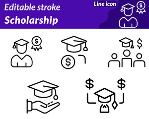 A modern scholarship icon character featuring a graduation cap placed above an open book. With a ribbon badge or certificate symbol representing academic achievement and financial support.