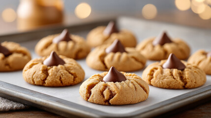 Fototapeta premium Freshly baked peanut butter blossoms with chocolate kisses on baking tray