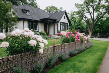 Beautiful garden with pink and white peonies blooming in front of a modern house on a rainy day surrounded by lush greenery