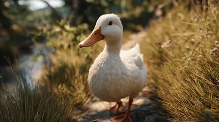 Obraz premium A charming white duck is walking through tall grass by the water's edge, enjoying the peaceful rural setting. The white duck appears curious while exploring the vibrant landscape.