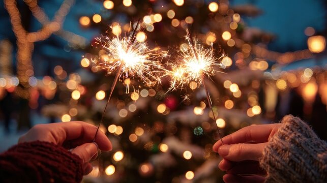 Hands holding burning sparklers with a Christmas tree and glowing star in the background, a couple celebrating New Year with fireworks and Bengal lights in an atmospheric moment - Powered by Adobe