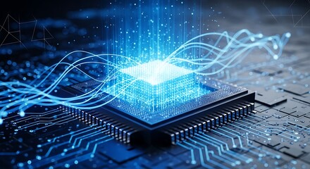 Futuristic glowing computer processor with blue digital energy waves emanating outwards