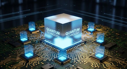 Futuristic quantum computer processor with glowing blue qubits and intricate circuitry