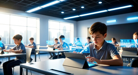 Schoolboy At Desk with Floating  Digital  Screen Overlay, Futuristic Classroom with Desks  in Background