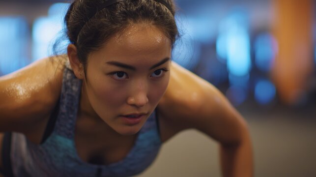 A fit woman performs push-ups in a gym while focusing on her workout routine with determination. This dedicated woman sweats as she enhances her strength and fitness during her exe