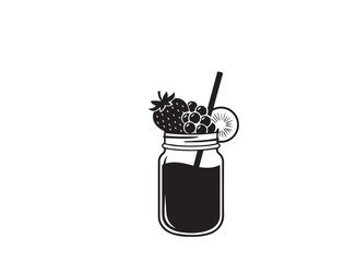 Black and White Mason Jar Smoothie Illustration with Straw and Fruit Garnish