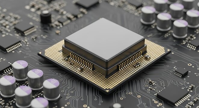 Close up of a computer processor chip mounted on a motherboard with electronic components - Powered by Adobe