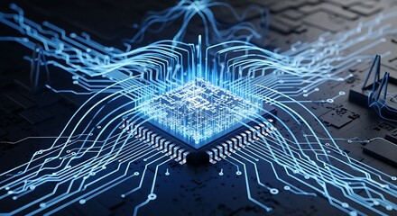 Abstract digital illustration of a glowing blue central processing unit with electric energy streams