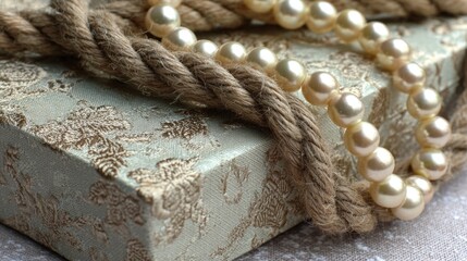 Gift box features intricate fabric texture, wrapped with natural rope and embellished with pearls, showcasing elegance and luxury in a beautifully arranged setting