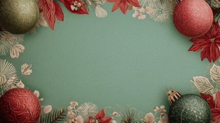 Festive Christmas Border With Ornaments And Poinsettias On Green