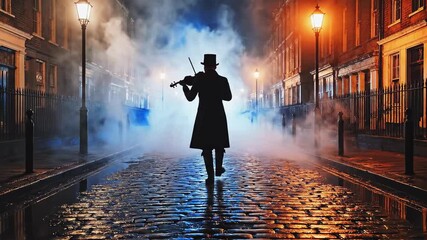 mysterious man in top hat playing violin on a foggy cobblestone street under warm gas lamps at night in a dramatic victorian scene - Powered by Adobe