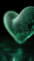 Glowing green digital heart shape with futuristic dots, abstract technology background, vibrant and dynamic energy
