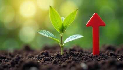 Green plant sprouting with growth arrow in soil background, Growth concept , red growth arrow