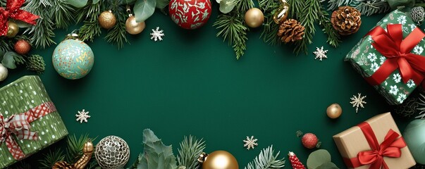 Festive Christmas Border with Gifts, Greenery, and Ornaments