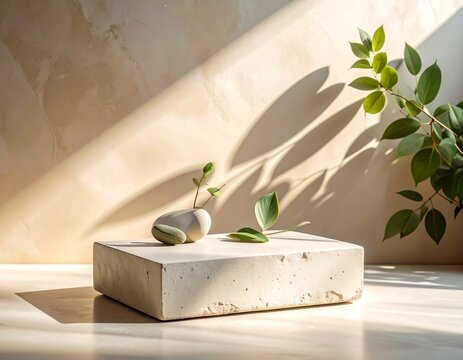 Superficie de cemento liso con sombras suaves y hojas naturales