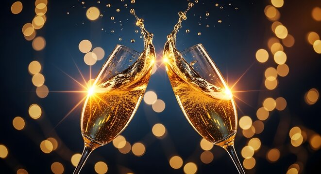 champagne glasses clinking together in celebration, golden sparkling wine splashing with glittering bokeh lights.