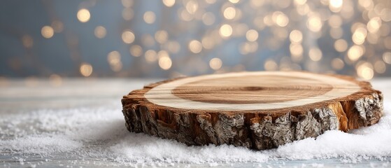 Rustic Wooden Tree Slice on Snowy Festive Background