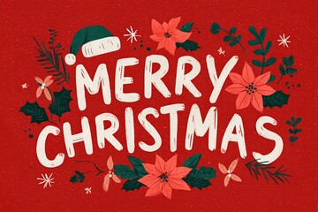 Festive Merry Christmas Greeting with Poinsettias and Holly