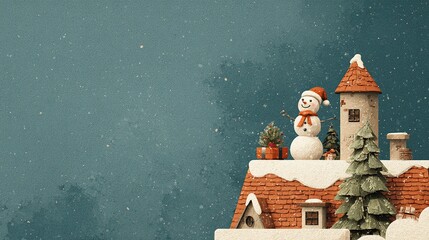 Whimsical Snowman and Festive House Winter Holiday Scene