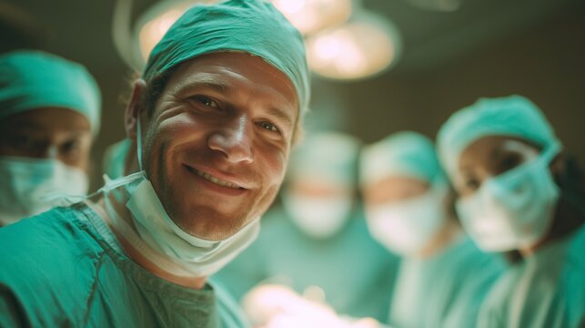 A male surgeon in green scrubs looks towards the camera while a team of skilled surgeons works diligently on a patient. The focused surgeons are engaged in an intricate surgical pr
