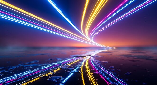 Vibrant streaks of colorful light trails illuminate a futuristic highway at dusk - Powered by Adobe