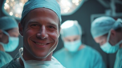 A male surgeon in blue scrubs stands confidently while his team of doctors works meticulously on a patient undergoing surgery. The dedicated doctors ensure precise care during the