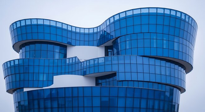 Modern blue glass skyscraper with unique wavy architectural design against a clear sky - Powered by Adobe