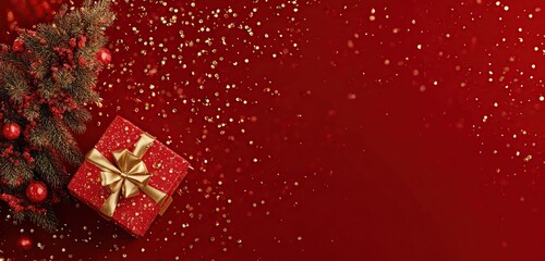 Red Christmas Gift Box and Festive Holiday Background
