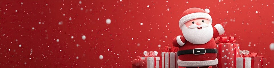 Cute Santa Claus With Gifts On Festive Red Background