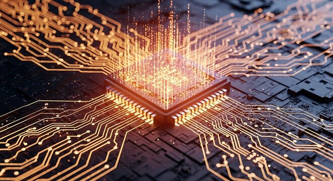 Close up of a glowing computer chip with intricate circuitry and glowing orange data streams