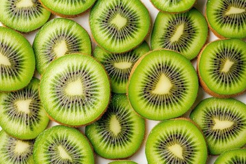 Assorted Fresh Kiwi Slices with Seeds in Close-Up on White