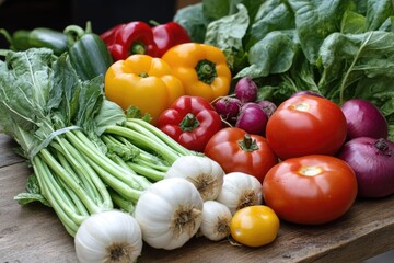 Fresh Vegetables Arranged on Rustic Wooden Table
