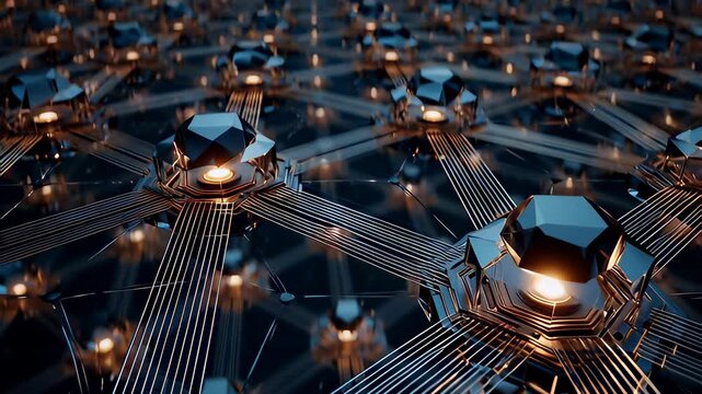 A decentralized network of autonomous nodes activates, illustrating futuristic concepts of blockchain technology, data processing, and AI on a digital grid. - Powered by Adobe
