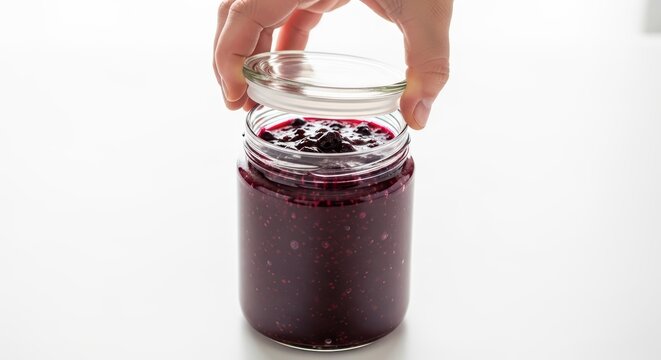 Hand opening jar of homemade berry jam on white background