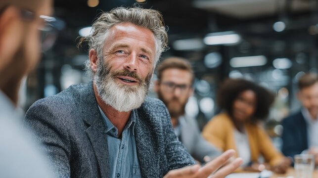 Mid aged businessman leading diverse professional team discussing project management in conference room