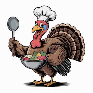 Thanksgiving turkey chef mixing vegetables with pan and bowl festive vector