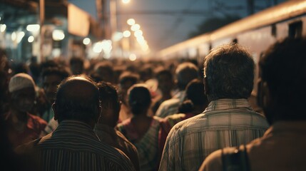 A dense crowd of men and women stands at a railway station, creating an air of anticipation for the approaching train. The men and women are dressed in various colors, emphasizing