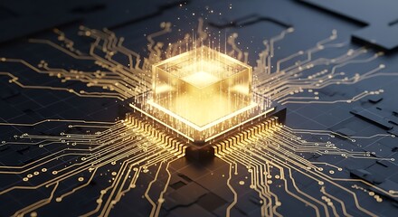 Glowing golden hexagonal microchip with intricate circuit board connections
