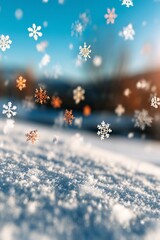 A soft winter scene with delicate snowflakes drifting through the air over a sunlit snowy landscape